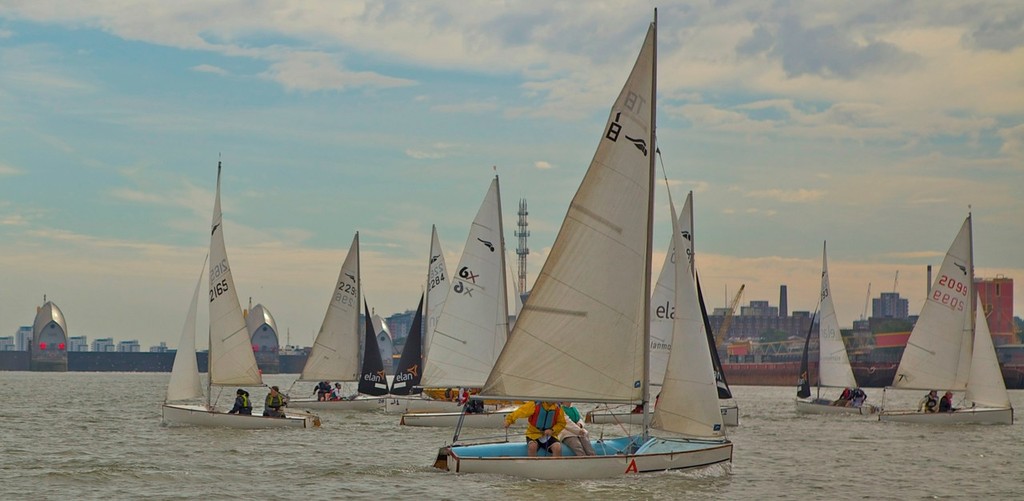 The River Thames busy with dinghies by the closed Thames Barrier © Malcolm Hazelton, GYC